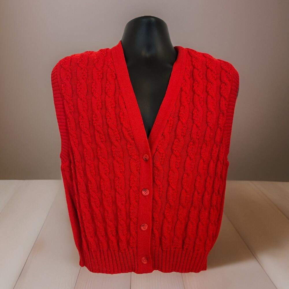VTG Pendleton Wool Cable Knit Sweater Vest Cherry Red Button Down Cozy XL